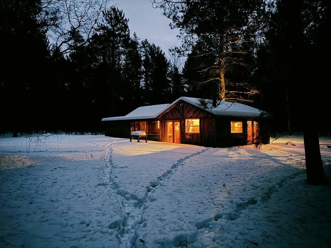 A wooden cabin with lit windows in snowy woods at dusk