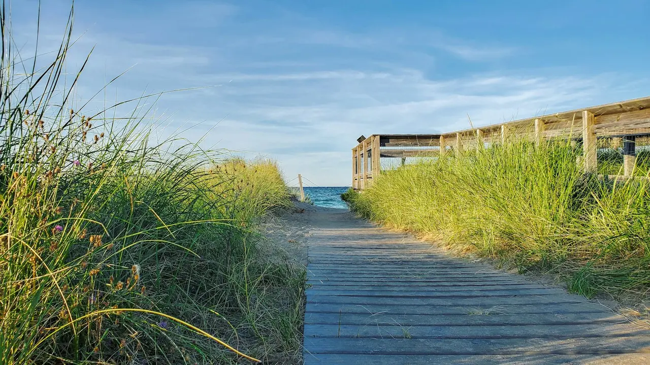 A wooden boardwalk through dune grass toward Lake Michigan